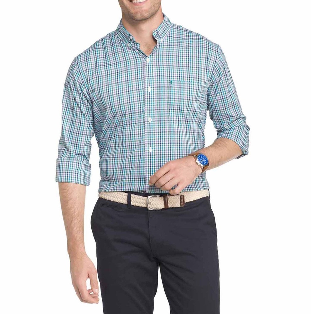 IZOD Stretch Button Down Plaid Shirt XL, Navy Blue
